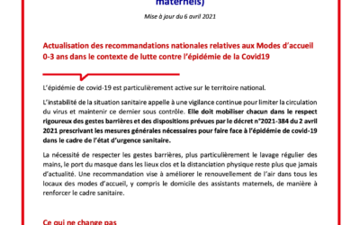 Recommandations ministérielles/Protocole sanitaire renforcé Covid-19 – Modes d’accueil du jeune enfant 0-3 ans (établissements, maisons d’assistants maternels, assistants maternels) | Mises à jour le 6 avril 2021